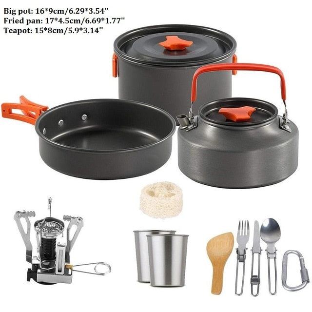 Outdoor Camping Cookware Set Marching Ultralight Tableware Cooking Stove Kit Travel Pan Hiking Picnic Camping Tools 1-2 Person