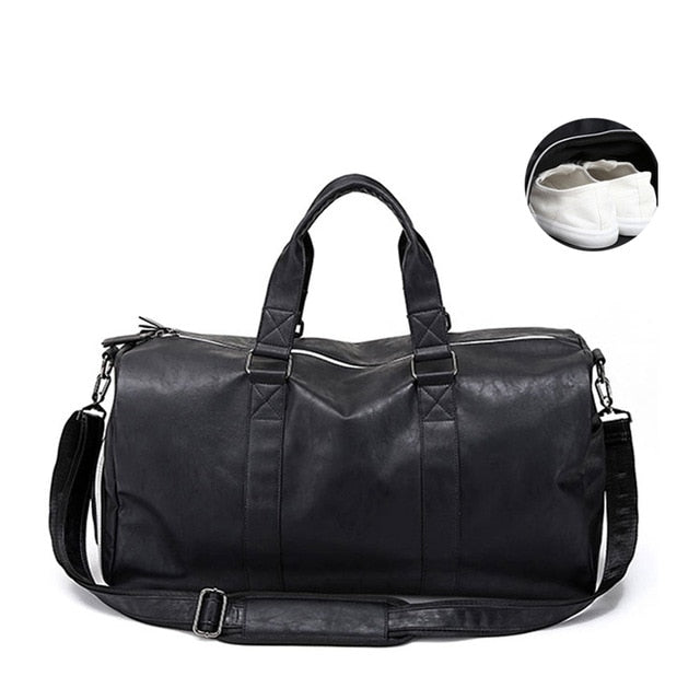 Male Leather Travel Bag Large Duffle Independent Shoes Storage Big Fitness Bags Handbag Bag Luggage Shoulder Bag Black XA237WC