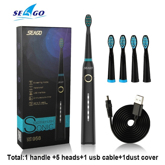 Seago Sonic Electric Toothbrush Tooth brush USB Rechargeable adult Waterproof Ultrasonic automatic 5 Mode with Travel case